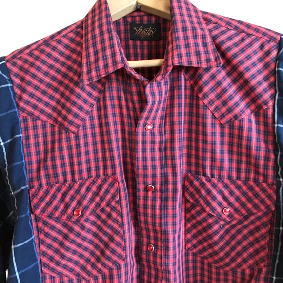 Upcycled Plaid Western Shirt, M to L: Oversized Mixed Print Top, Snaps Fringe - Picture 4 of 10